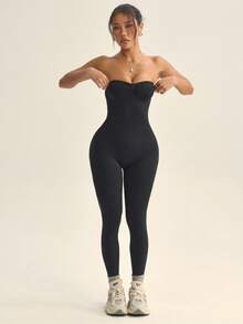 SHEIN Sports 女款無縫露背緊身連身褲 無縫塑身連身褲 壓縮塑形運動連身褲 腹部收緊運動裝 - 黑色 - 查看 9