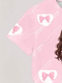 2pcs/Set Young Girl Loose T-Shirt And Shorts, Bow Decor, Cute Girl Pattern, Sweet & Adorable, Comfortable & Versatile, Suitable For Summer Outfit - Multicolor - View 5