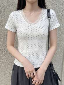 Dazy Tall 高個女款休閒波點與蕾絲拼接長袖T恤 - 黑與白 - 查看 6