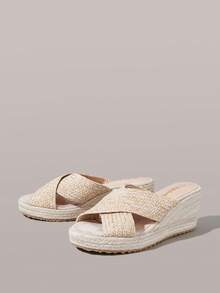 Styleloop Giày nữ, màu mơ, giày rơm đan chéo bằng dây gai dầu, dép đế xuồng, giày bohemian giúp tăng chiều cao cho kỳ nghỉ. - Màu be - Xem 8