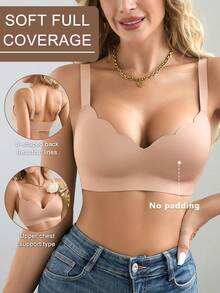 SHEIN 1pc Seamless Minimalist Wavy Edge Solid Color No Underwire Push Up Full Coverage Women Bra - Coral Pink - View 5