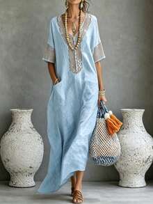 SHEIN LUNE Casual Comfortable Bohemian Style V-Neck Loose Long Dress For Women - Gray Blue - View 1
