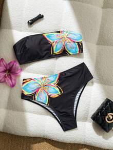 SHEIN Swim 女款印花素色優雅甜美性感平口高衩兩件式泳衣套裝 - 黑色 - 查看 5