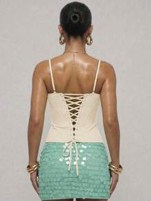 SHEIN BAE 女士优雅纯色交叉露背吊带背心，夏季 - 杏色 - 查看 3