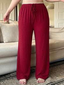 Dazy Plus Ditsy Floral Tie-Front Slim Fit Straight Leg Pajama Bottoms - Red - View 2