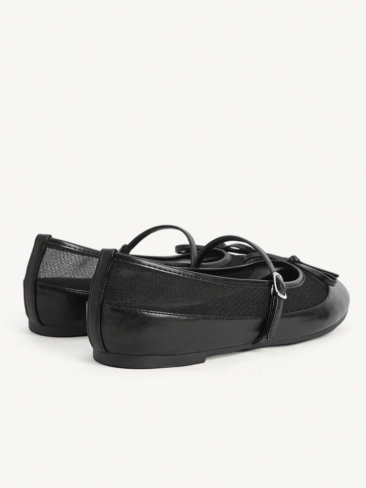 CUCCOO CHICEST Ladies Black PU Mesh Splicing Bow Round Toe Fashionable And Comfortable Daily Travel Cute Girl Flat Shoes