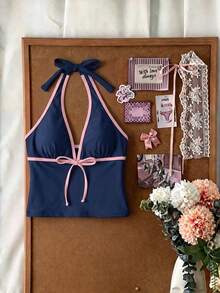Elavelle Top de bikini de tirantes finos con lazo y estampado aleatorio para mujer, primavera/verano - Multicolor - Ver 3