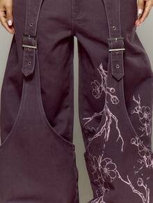 MUSERA Bedruckte Cargohose, weite Hose mit Schnallenelement, Frühling Sommer Urlaub Ibiza Festival Y2K Streetwear Psyche - Violett - Übersicht 2