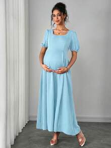 Momance Asymmetric Shoulder Ruched Waist A-Line Elegant Romantic Maternity Dress, Comfortable - Baby Blue - View 7