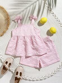 SHEIN Playful Pals 女婴夏季无袖提花吊带背心和百搭休闲短裤套装，适合夏季外出、度假或日常公园散步。 - 粉色 - 查看 2