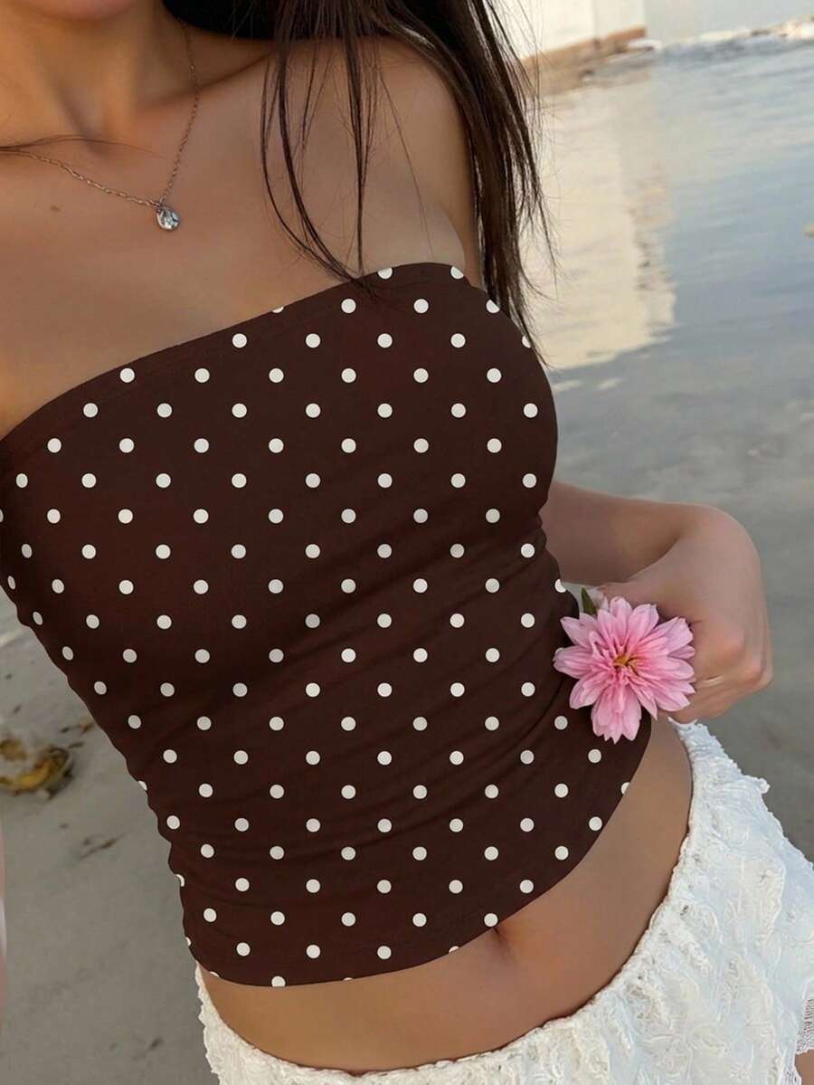Aloruh Women's Casual Polka Dot Print Bandeau Crop Top, Suitable For Summer - Multicolor - View 1