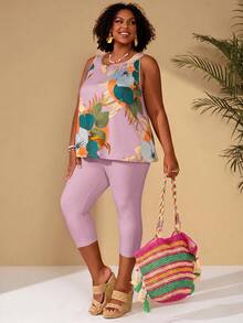 EMERY ROSE Plus Size Women Floral Print Ruffle Top And Pants Casual 2 Piece Set Vacation Lavender Summer For Beach Spring Clothing - Pink - View 5