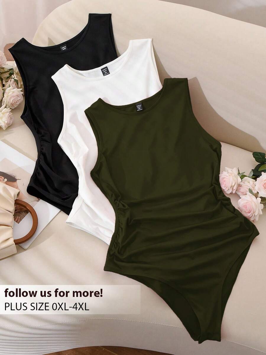 CosyJoli Plus Size Women's Spring And Summer Fashion Casual Comfortable Daily Versatile Basic Multi-Color Sleeveless Slim Bodysuit 3 Pack,Summer Outfits For Women,Going Out Tops Women