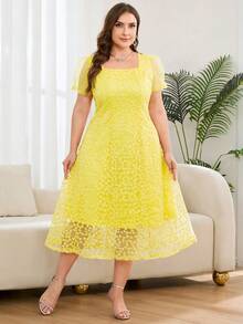 Reflora Plus Size Elegant Solid Color Embroidered Mesh Summer Dress - Yellow - View 8
