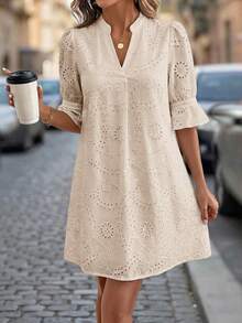 Editum Women's Notched Neck Cutout 3/4 Sleeve Ruffled Hem Eyelet Embroidery Loose Casual Dress, Pure White, Elegant For Daily, Vacation, Commute, Spring/Summer - Khaki - View 14