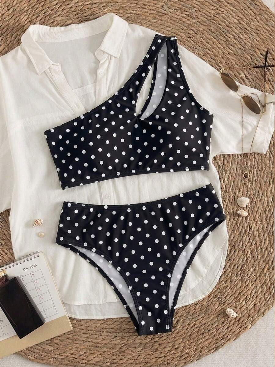SHEIN Bộ đồ bơi cho thiếu nữ đi biển mùa hè, áo một vai dệt kim vân nổi hở lỗ màu ngà, quần bikini tam giác. Đồ bơi đi chơi, bộ đồ bơi nghỉ dưỡng, bãi biển / nghỉ dưỡng - Đen và trắng - Xem 1
