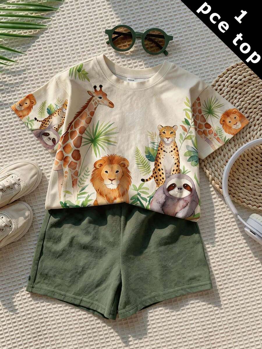 男婴休闲简约上衣,适合春夏穿着,经典可爱动物印花设计,卡通长颈鹿、狮子、猎豹、斑马、老虎、熊图案。 - 彩色 - 查看 1