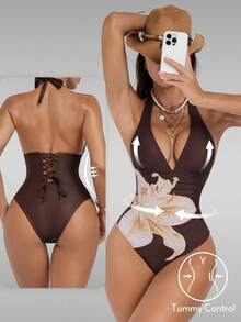 Shapewave Women's Floral Print Backless Halter One-Piece Swimsuit, Suitable For Beach Vacation - Brown - View 3