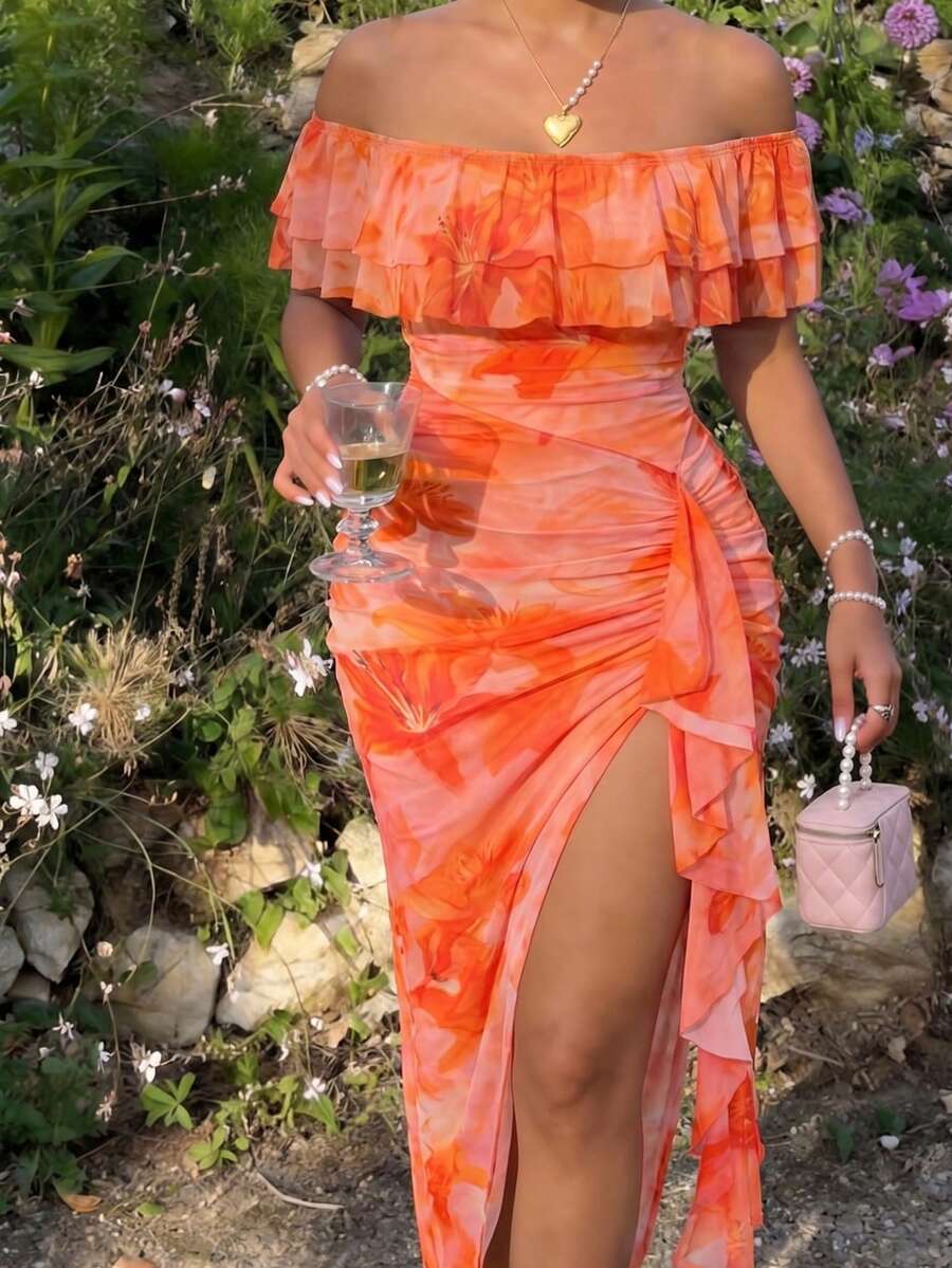 Sweetra Casual Elegant Minimalist French Pleated Lily Floral Mesh + Lining Asymmetric Hem Strapless Off-Shoulder Midi Dress, Suitable For Vacation, Party, Date, Cocktail, Slimming, Stretchy & Comfortable Fabric, Plus Size, Orange, Summer - Orange - View 1