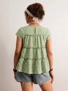 Freevana Plus Size Women's Round Neck Plaid Ruched Casual Versatile Daily Wear Shirt - Mint Green - View 2