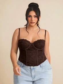 SHEIN BAE Áo hai dây ren xuyên thấu gợi cảm, trang phục tiệc, hẹn hò, thường ngày, đi làm, áo bralette dễ thương, áo club gợi cảm, áo corset, áo không dây, áo đi chơi, áo mùa hè, áo dễ thương, trang phục mùa hè cho nữ, áo ren - màu nâu - Xem 1