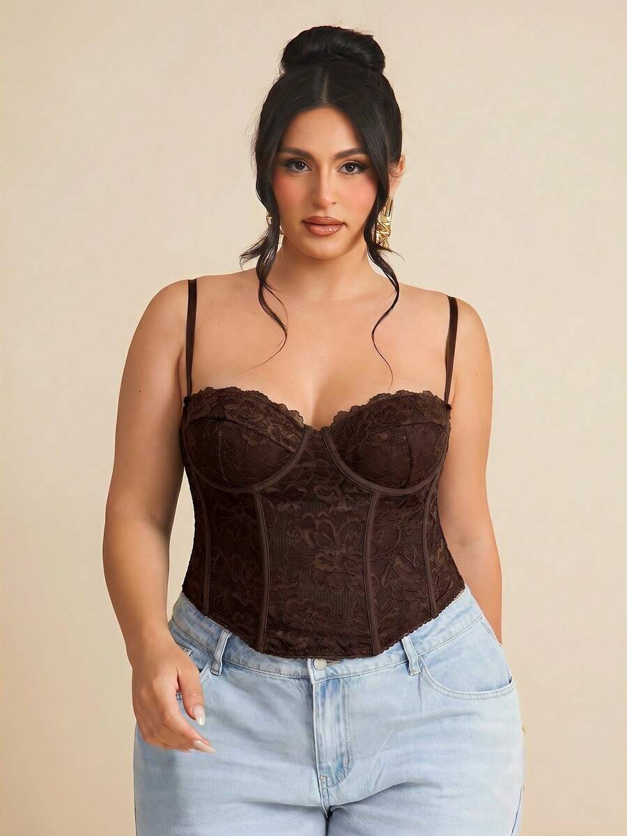 SHEIN BAE Áo hai dây ren xuyên thấu gợi cảm, trang phục tiệc, hẹn hò, thường ngày, đi làm, áo bralette dễ thương, áo club gợi cảm, áo corset, áo không dây, áo đi chơi, áo mùa hè, áo dễ thương, trang phục mùa hè cho nữ, áo ren - màu nâu - Xem 1