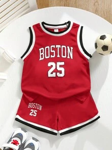 SHEIN 男童运动街头风针织网眼圆领无袖背心短裤套装，适合户外、运动、春夏季穿着 - 彩色 - 查看 7