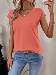 Breezaya Women's Solid Color V-Neck Casual Versatile Everyday Outing T-Shirt - Coral Pink - View 5