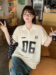 Dazy Plus 宽松休闲字母提花 Polo 领学院风春夏加大码针织女式上衣 - 杏色 - 查看 7