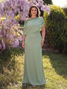 Coutiva Plus Size Mother Of The Bride Ruched Asymmetric Neck Elegant Wedding Party Dress - Green - View 1