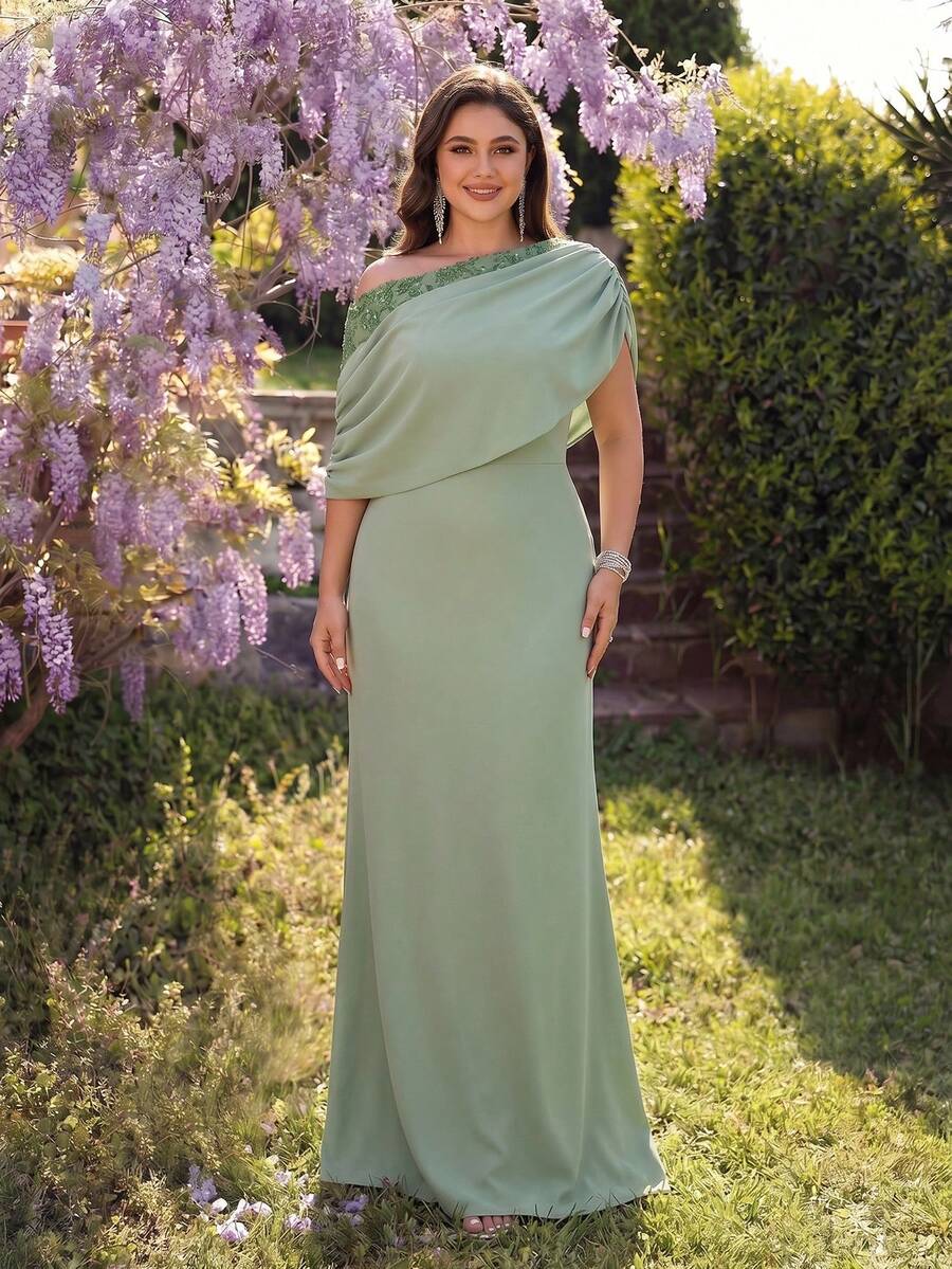 Coutiva Plus Size Mother Of The Bride Ruched Asymmetric Neck Elegant Wedding Party Dress - Green - View 1