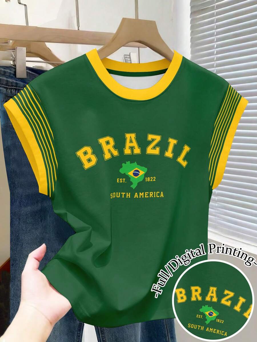 Franclia 女款圓領短款荷葉袖巴西字母印花圖案上衣 T恤 巴西風格足球球迷衫 - 彩色 - 查看 1