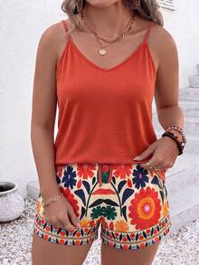 Plus Size 2-Piece Outfit, Red V-Neck Cami Top & Floral Print Drawstring Shorts Set For Women - Multicolor - View 4