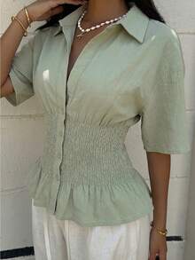 SHEIN EZwear Mint Green Woven Button-Down Short Sleeve Shirt For Women,Summer Top - Mint Green - View 5
