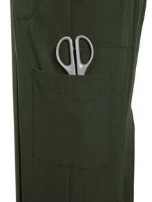 TaskEZ 2pcs Women Healthcare Uniform - Solid Color V-Neck Blouse & Slit Long Pants, Scrub Sets - Army Green - View 5