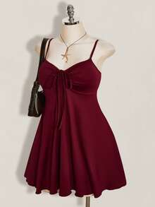 SHEIN ICON 大码女式纯色前系带褶皱吊带裙 - 酒紅色 - 查看 4