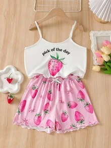 SHEIN Girls Happy Pattern Short Sleeve Shorts Camisole Pajama Set, Suitable For Autumn, Winter, All Seasons - White - View 2