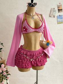 Soleia Women's Pink 3D Floral Decor Super Short Backless Halter Knit Top & Shorts Set - Multicolor - View 6