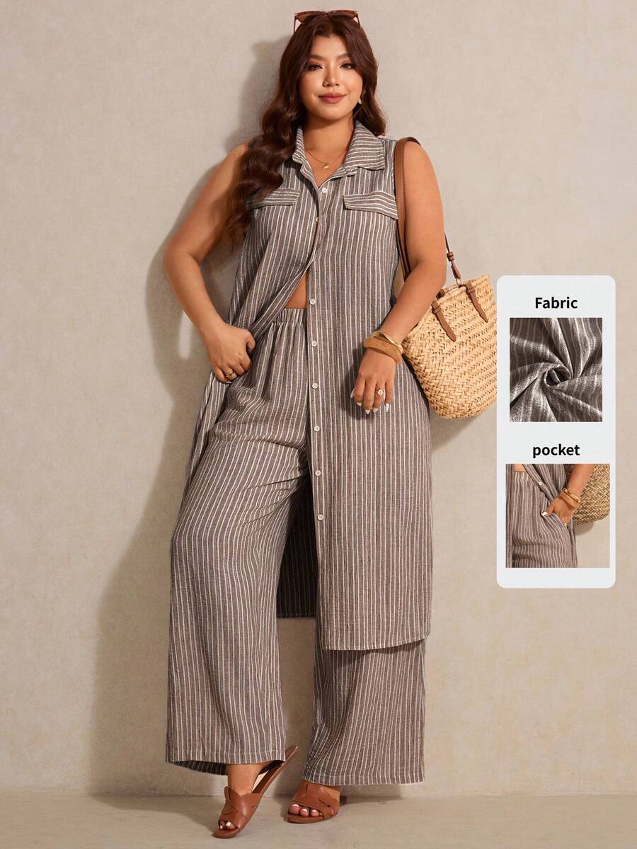 Elaquor Conjunto casual de 2 piezas de camisa sin mangas de un solo pecho a rayas y pantalones para mujer de talla grande - Marrón - Ver 1