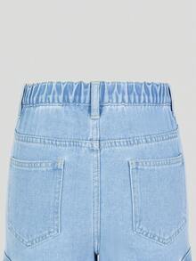 SHEIN Girls' Denim Shorts, New Summer Collection, Light Wash Denim Cargo Shorts With Elastic Waist, Side Pockets, Loose Straight Leg, Versatile For Daily, School, Commute, Vacation, Outdoor Occasions - Light Wash - View 5