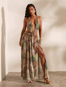 Opulessa Spring & Summer Vacation Knitted Mesh Printed Slit Halter Dress For Women - Green - View 5