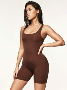 SHAPORA Women's Solid Color Minimalist Bodysuit For Daily Wear - Brown - View 3