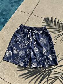 ROMWE MEN Casual Men's Starfish Print Drawstring Waist Beach Shorts - Navy Blue - View 5