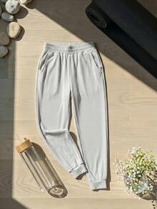 Cheerettes Women's Solid Color Elastic Waist Pocket Casual Jogger Pants - Grey - View 2