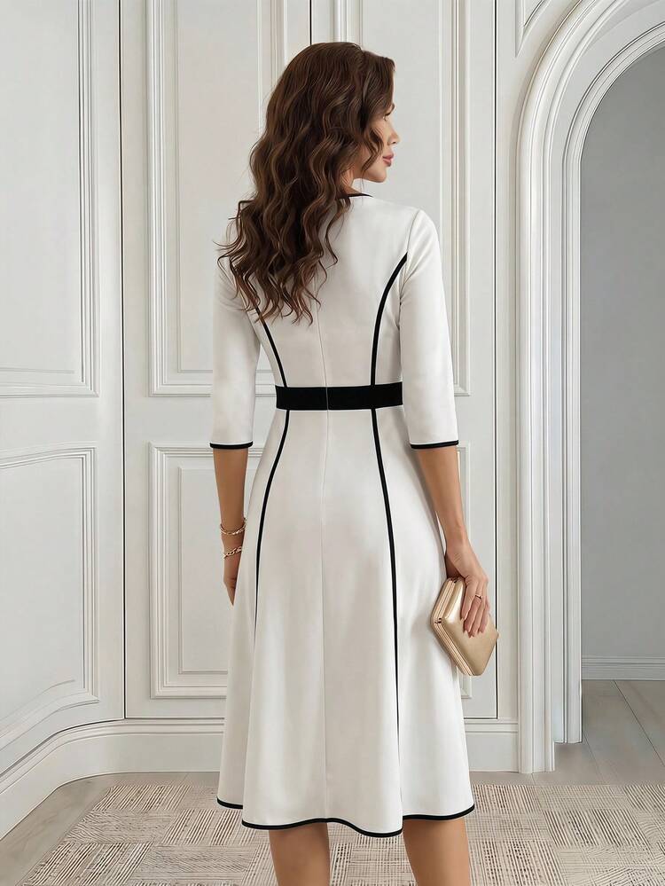 Elegant Commuter Contrast Trim Mid-Length Dress,,Summer Dress,Going Out Dress,White Dress