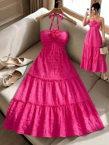 Elenzga Women's Elegant Solid Color 3D Floral Backless Halter Dress - Hot Pink - View 1