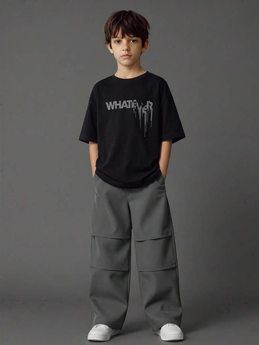 SHEIN Setelan Kaos Lengan Pendek Leher Bulat Motif Sederhana untuk Anak Laki-laki (Ukuran Besar) dan Celana Panjang Warna Polos - MultiWarna - View 1