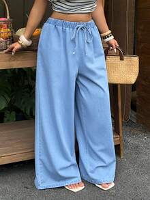SHEIN Holidaya Plus Size Casual Wide Leg Denim Pants - Light Wash - View 5