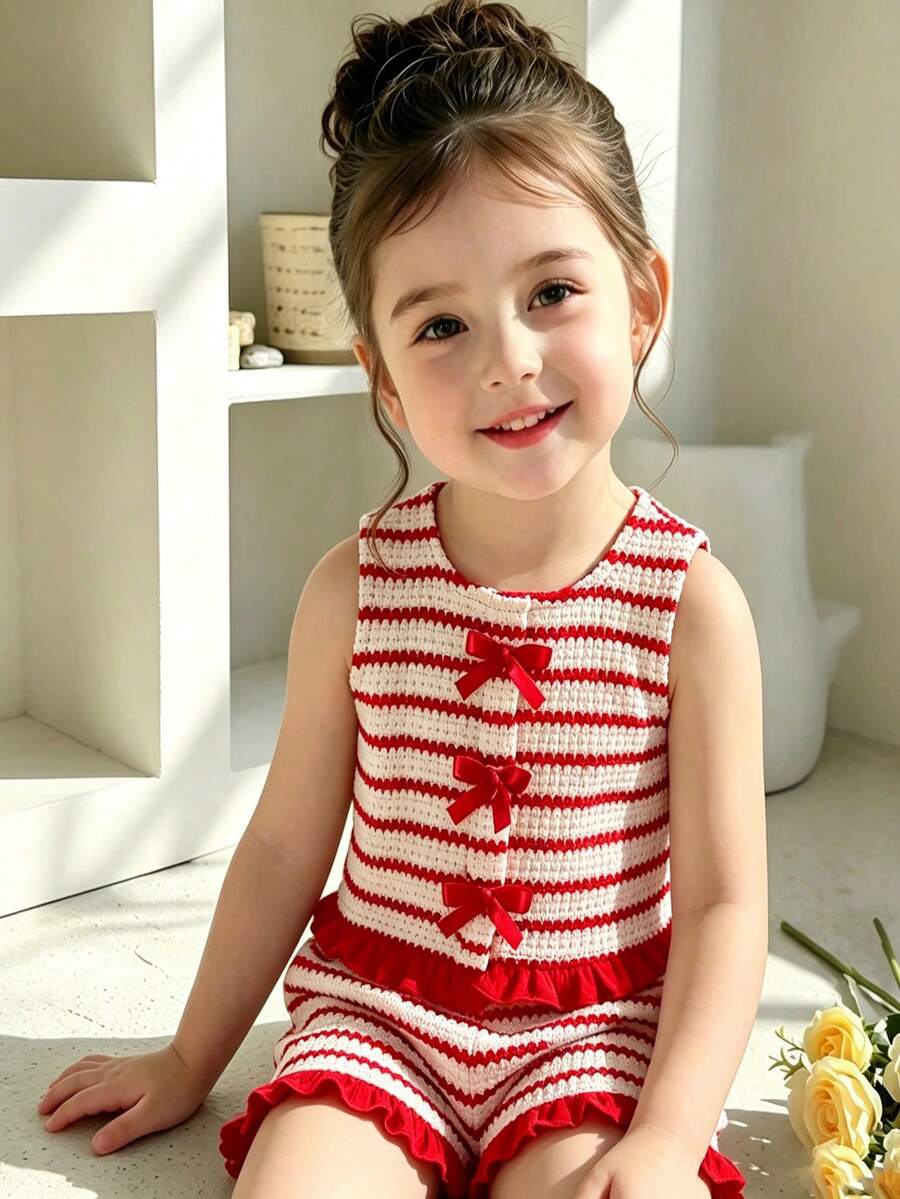 SHEIN Vintaside Kids 女嬰夏季蝴蝶結黑白荷葉邊套裝,圓領無袖上衣搭配同款短褲,甜美風格,輕量設計,適合戶外玩耍,舒適親友聚會 - 彩色 - 查看 1