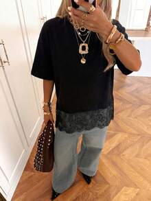 SHEIN EZwear 女士休闲百搭撞色蕾丝短袖黑色针织T恤，夏季 - 黑色 - 查看 3